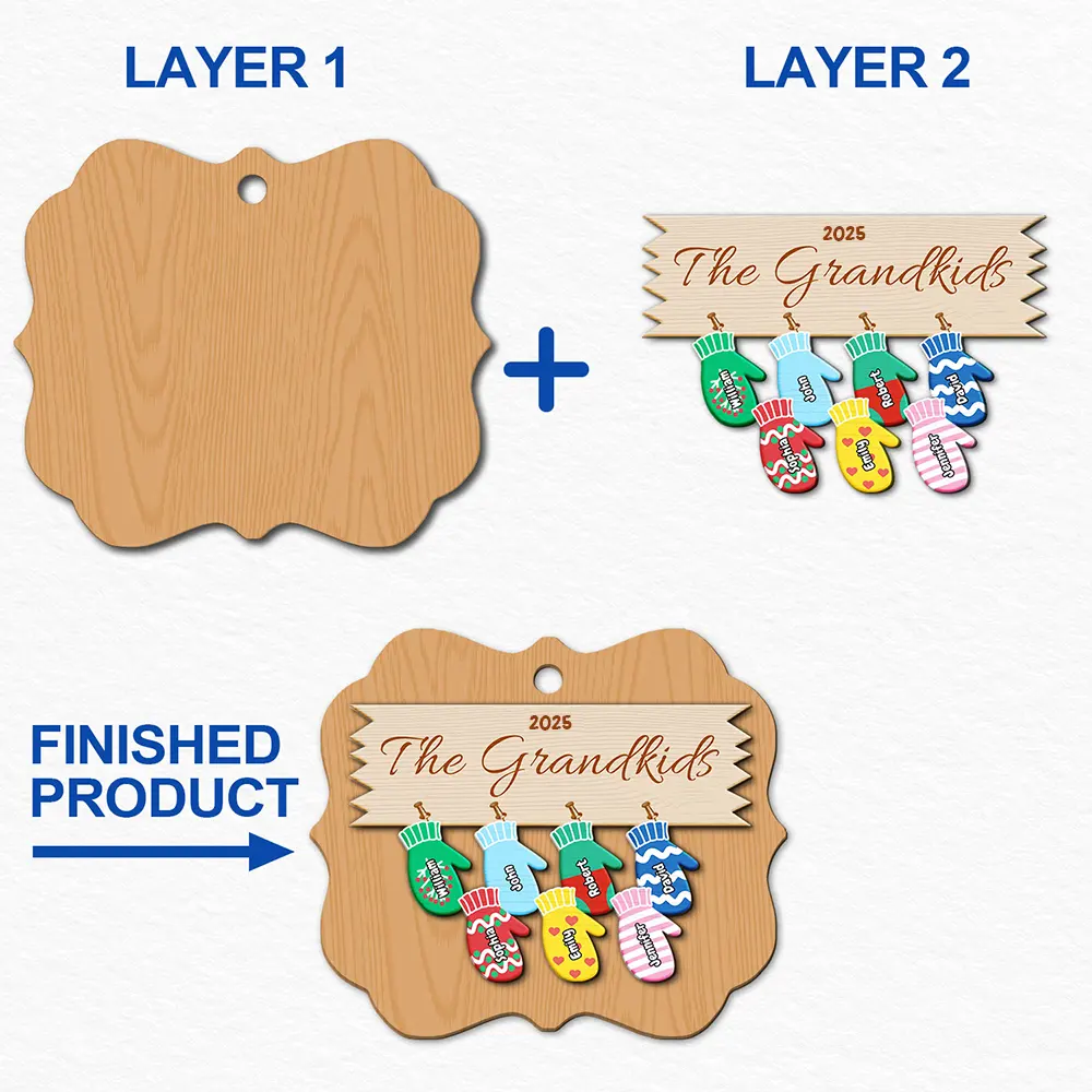 Mittens With Grandkids Names - Christmas Gift For Grandparent - Personalized 2-Layered Wooden Ornament - Image 6