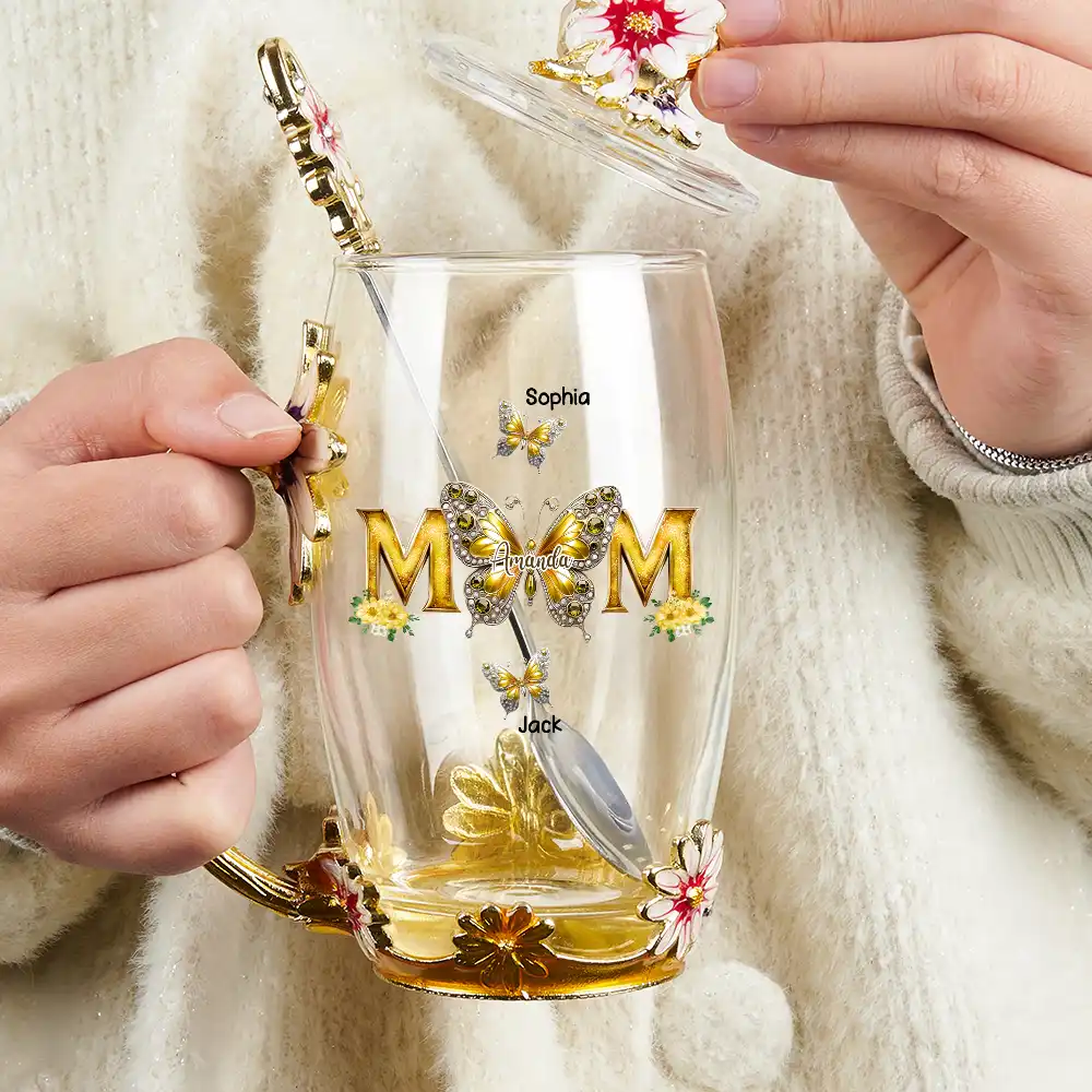 Mom And Children Butterflies - Personalized Glass Flower Tea Cup - Image 3