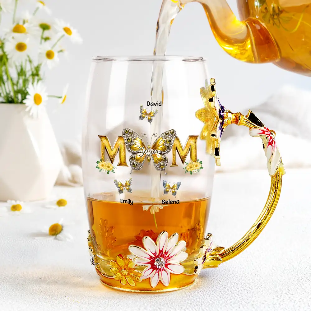 Mom And Children Butterflies - Personalized Glass Flower Tea Cup - Image 4