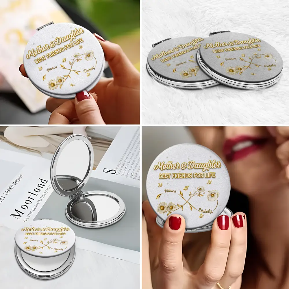 Mom And Daughter Forever Linked Together - Personalized Circle Compact Mirror - Image 6