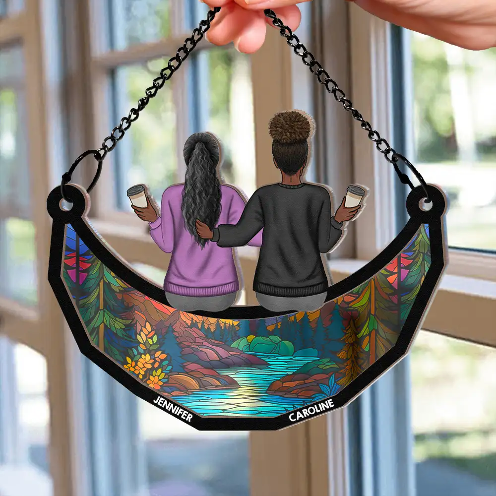 Mom & Children Sitting On The Moon - Personalized Window Hanging Suncatcher Ornament - Image 2