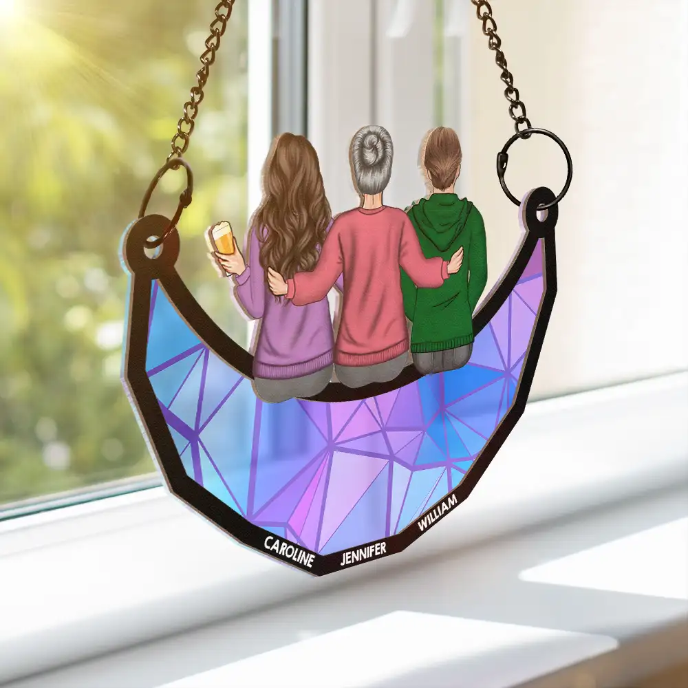 Mom & Children Sitting On The Moon - Personalized Window Hanging Suncatcher Ornament - Image 3