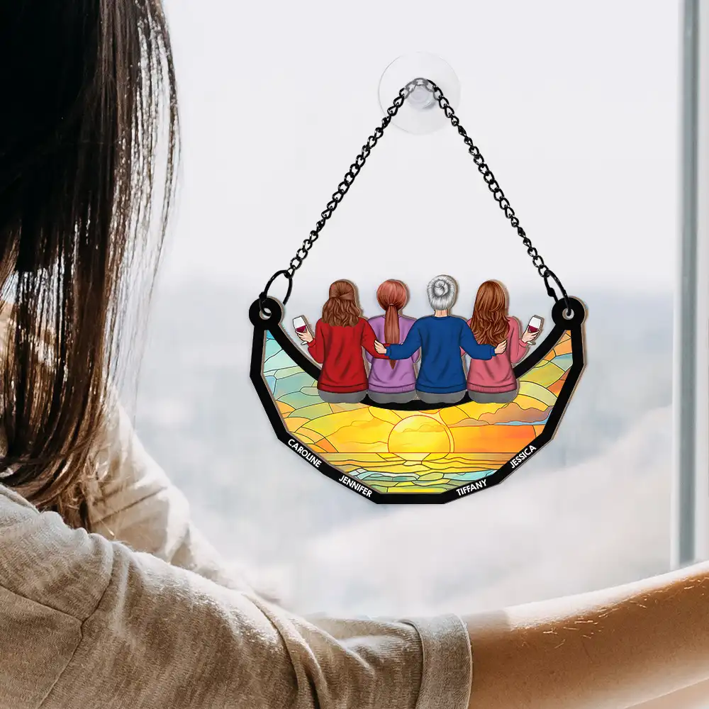 Mom & Children Sitting On The Moon - Personalized Window Hanging Suncatcher Ornament - Image 4