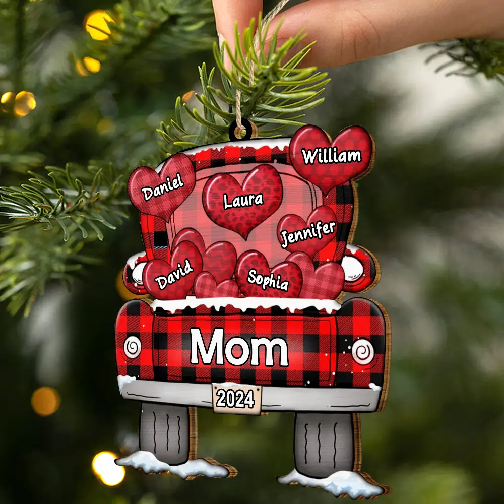 Mom Dad Grandma Grandpa Truck Loading Hearts - Personalized Wooden Cutout Ornament - Image 2
