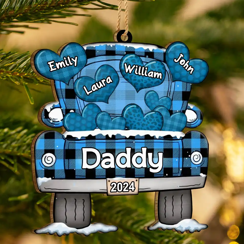 Mom Dad Grandma Grandpa Truck Loading Hearts - Personalized Wooden Cutout Ornament - Image 3