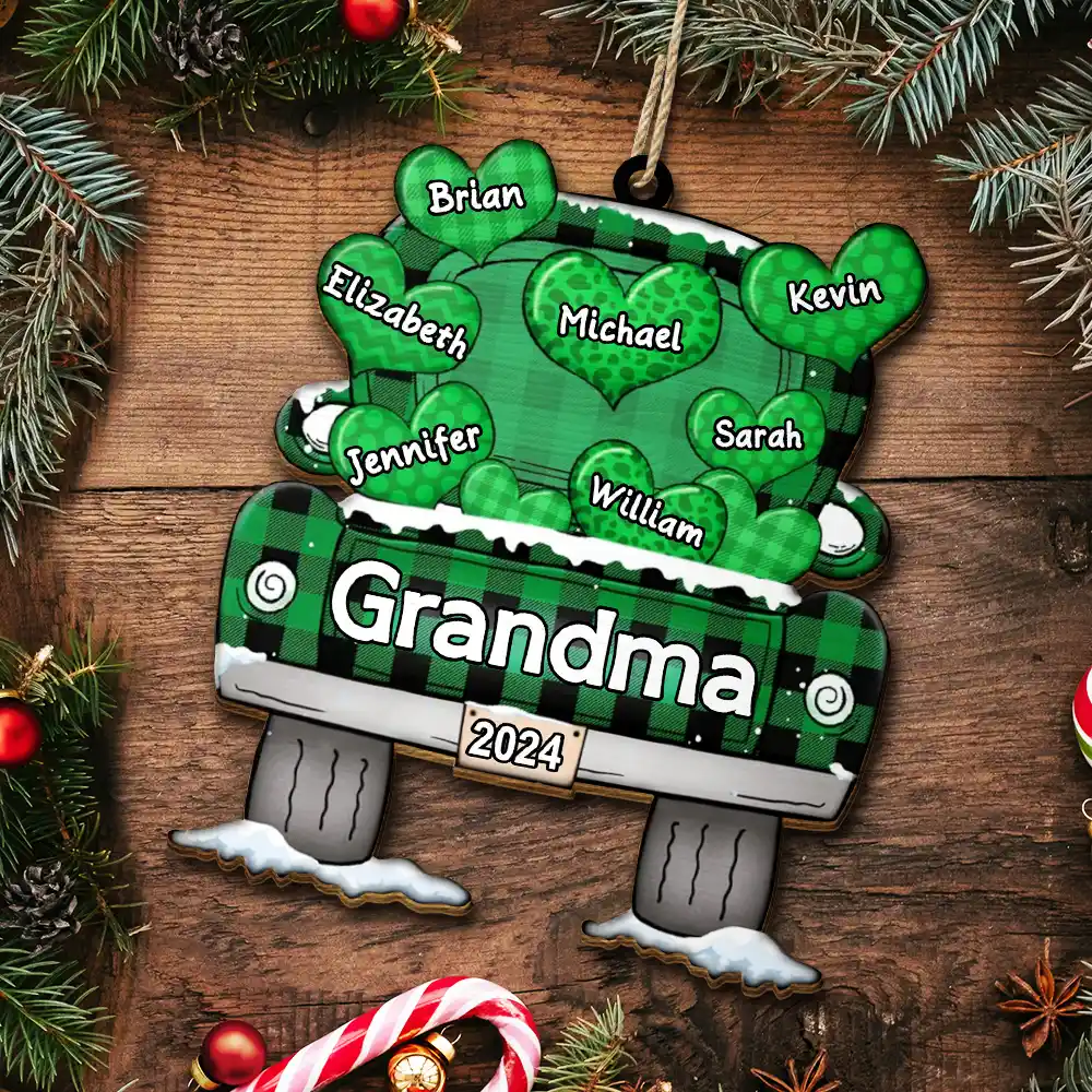 Mom Dad Grandma Grandpa Truck Loading Hearts - Personalized Wooden Cutout Ornament - Image 5