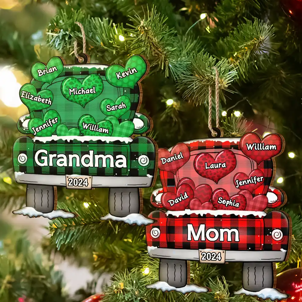 Mom Dad Grandma Grandpa Truck Loading Hearts - Personalized Wooden Cutout Ornament - Image 6