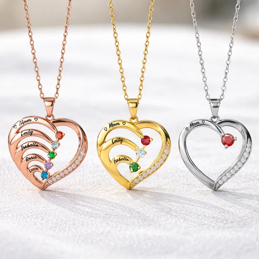 Mom Daughters Custom Name Gemstones Jewelry - Personalized Birthstone Heart Necklace - Image 2
