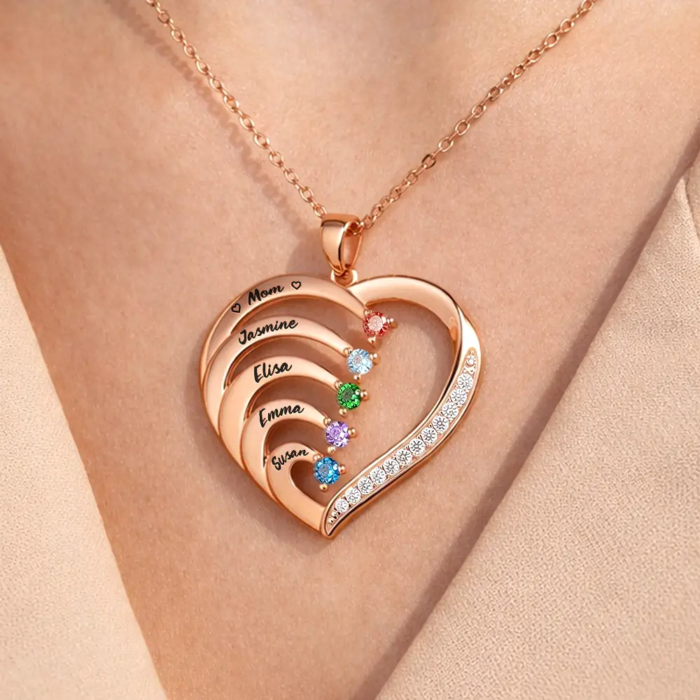 Mom Daughters Custom Name Gemstones Jewelry - Personalized Birthstone Heart Necklace - Image 3