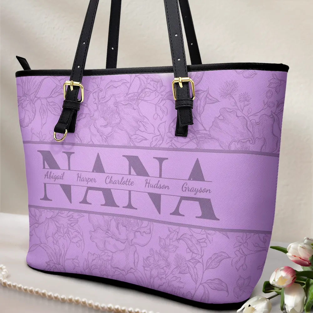 Mom Floral Design Trendy Bag - Personalized Leather Tote Bag - Image 2