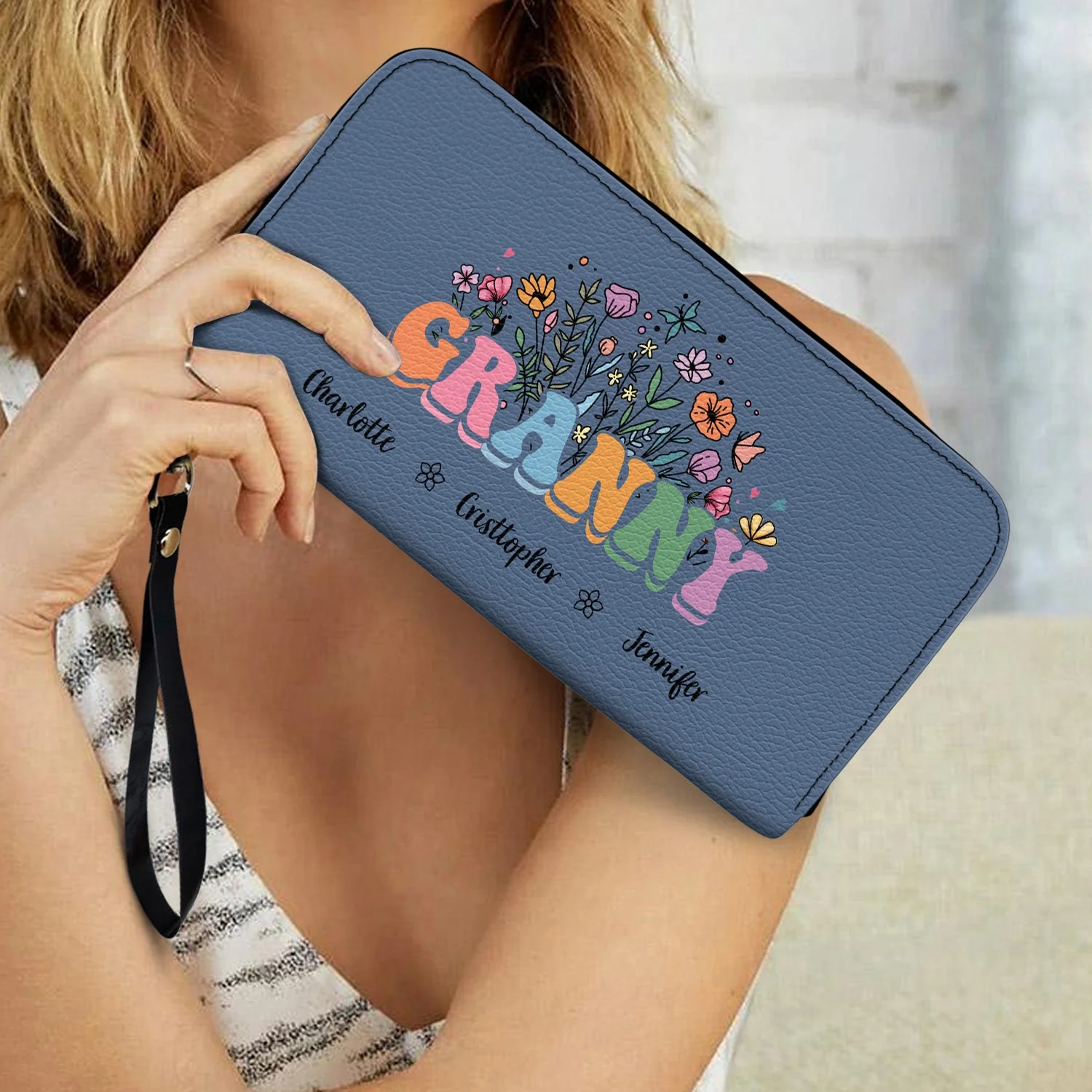 Mom Grandma Floral - Gift For Mother, Grandmother - Personalized Leather Long Wallet - Image 3