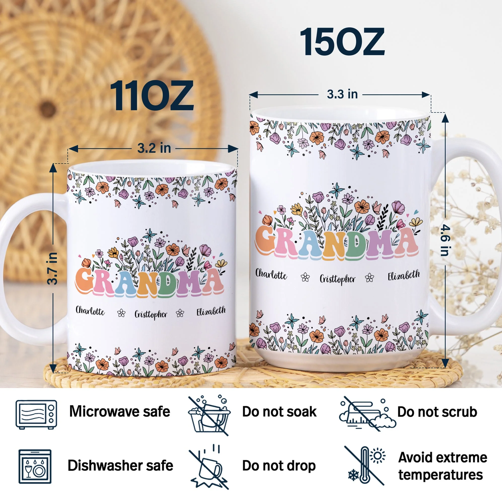 Mom Grandma Floral - Gift For Mother, Grandmother - Personalized White Edge-to-Edge Mug - Image 5