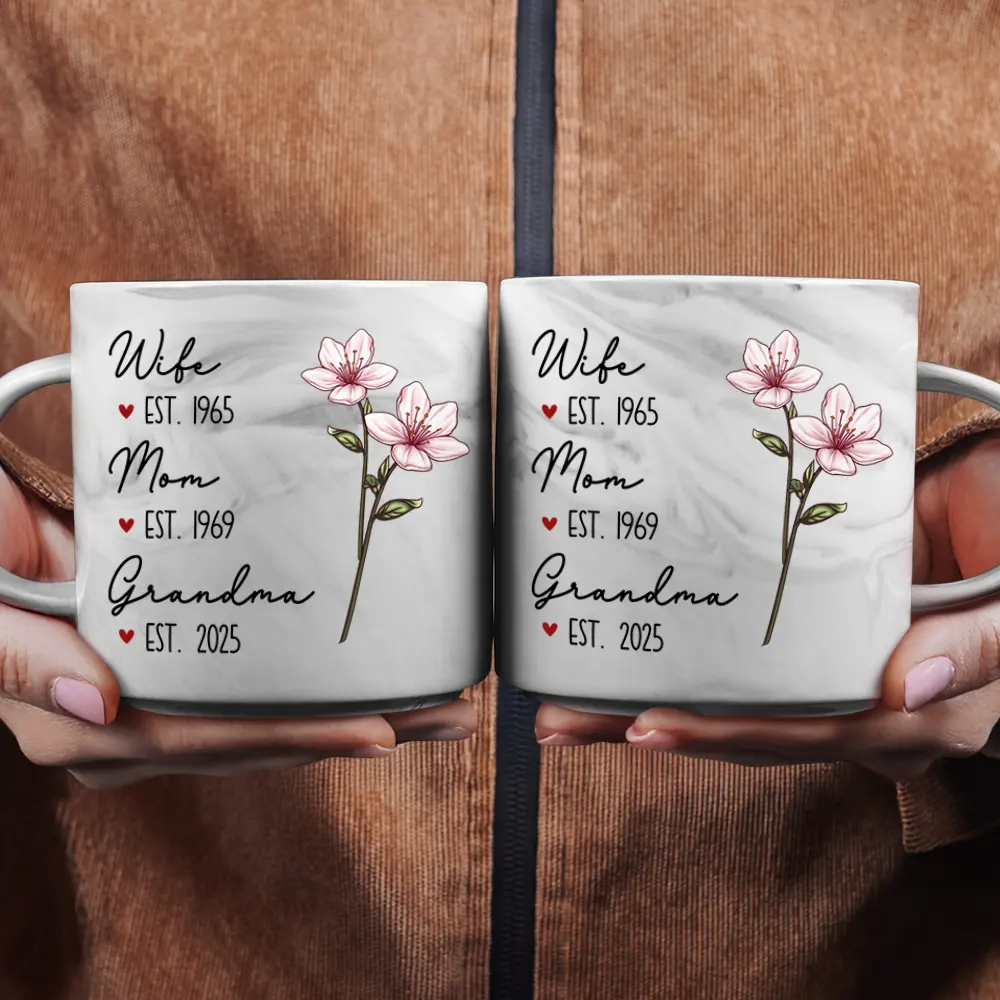 Mom Grandma Great Grandma Birth Flower - Personalized Marble Mug - Image 2