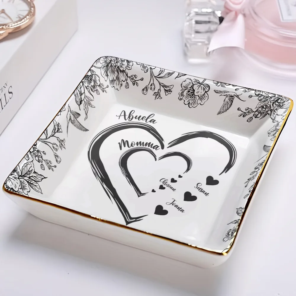 Mom Grandma Heart We Love You Toile De Jouy Pattern - Personalized Ring Dish - Image 3