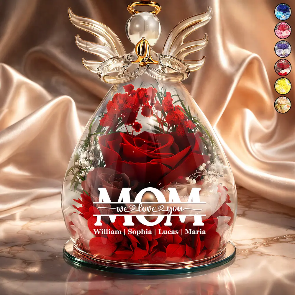Mom Grandma Flower We Love You - Personalized Flower In Glass Angel Figurine - Image 2