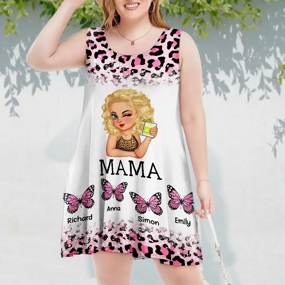 Mom Grandma Kids Butterflies Leopard Pattern - Personalized Sleeveless Tank Dress - Image 3