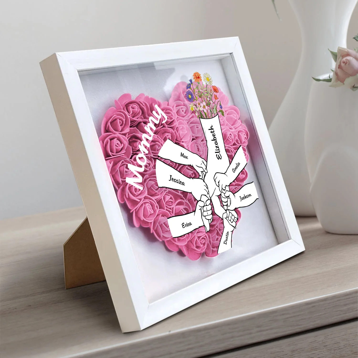 Mom Grandma Kids Hand In Hand - Gift For Mother, Grandmother - Personalized Flower Shadow Box - Image 2
