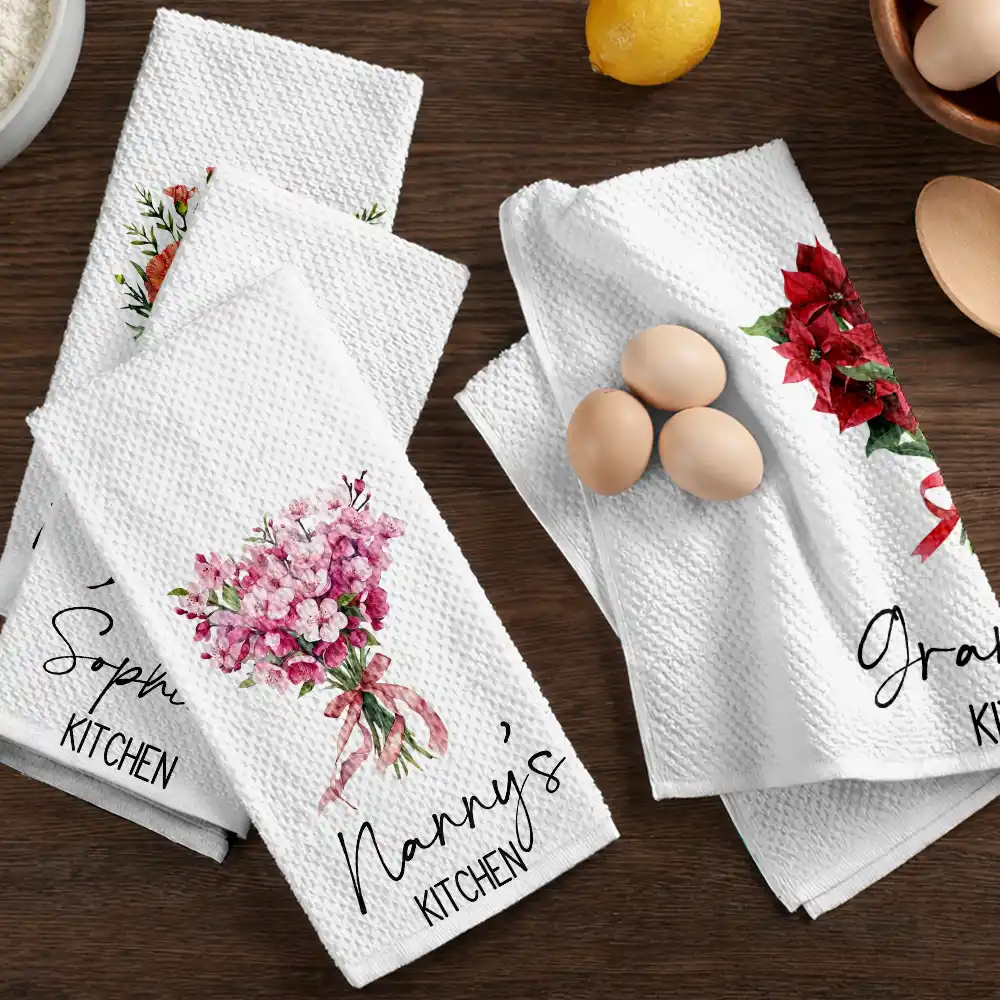 Mom Grandma Kitchen Watercolor Birth Flower Bouquet - Personalized Kitchen Towel - Image 6