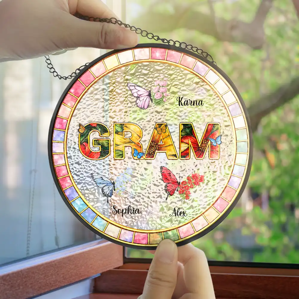 Mom Grandma Nana Floral Butterflies - Personalized Stained Glass Window Hanging Suncatcher - Image 4