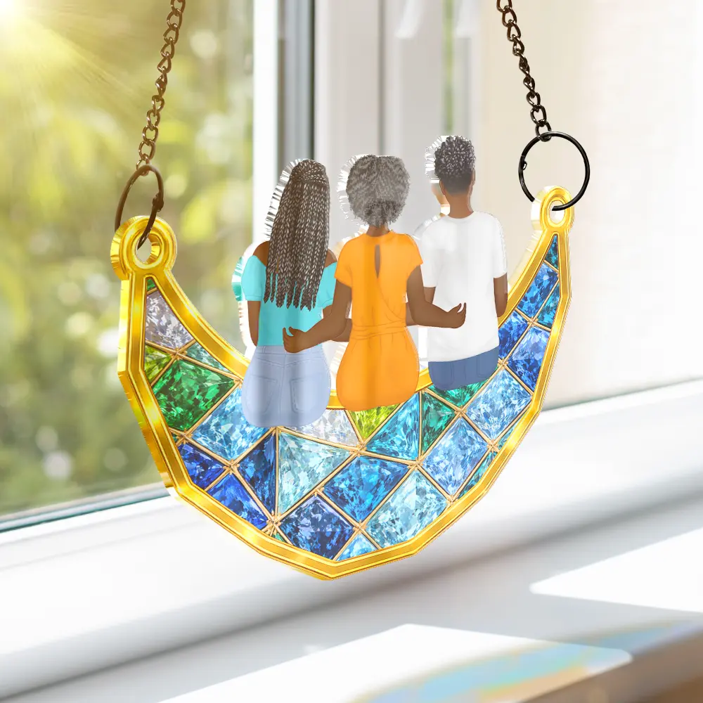 Mom Grandma Sitting On The Moon Stained Glass Effect - Personalized Window Hanging Suncatcher Ornament - Image 3