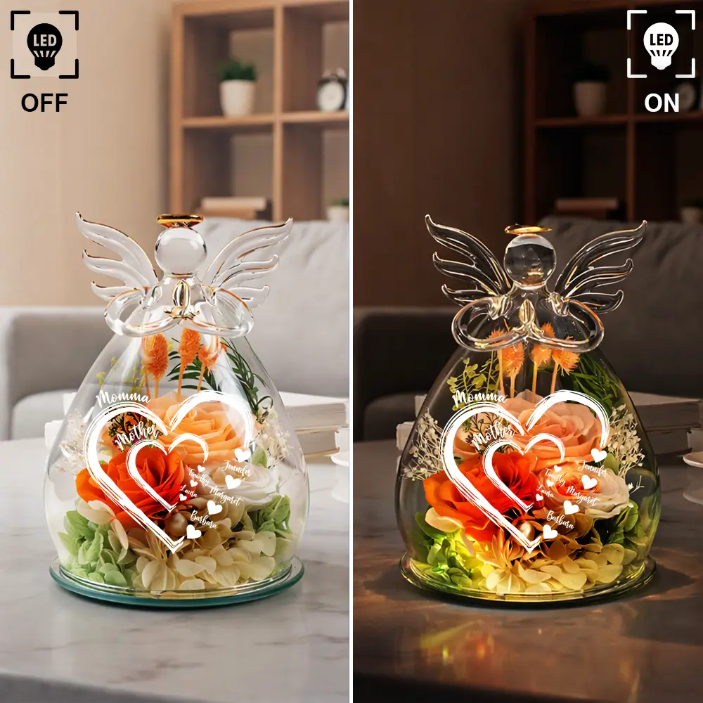 Mom Grandma Sweethearts - Personalized Flower In Glass Angel Figurine - Image 5