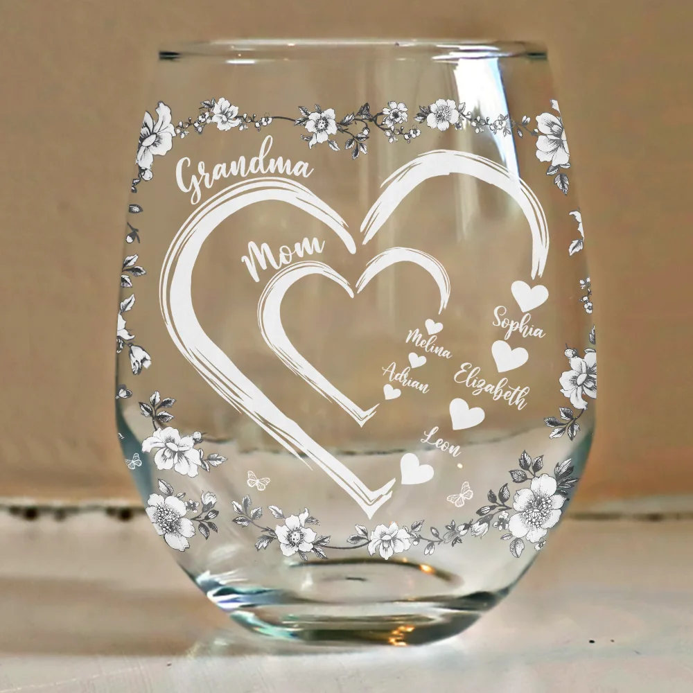 Mom Grandma Sweethearts Toile - Personalized Stemless Wine Glass - Image 4