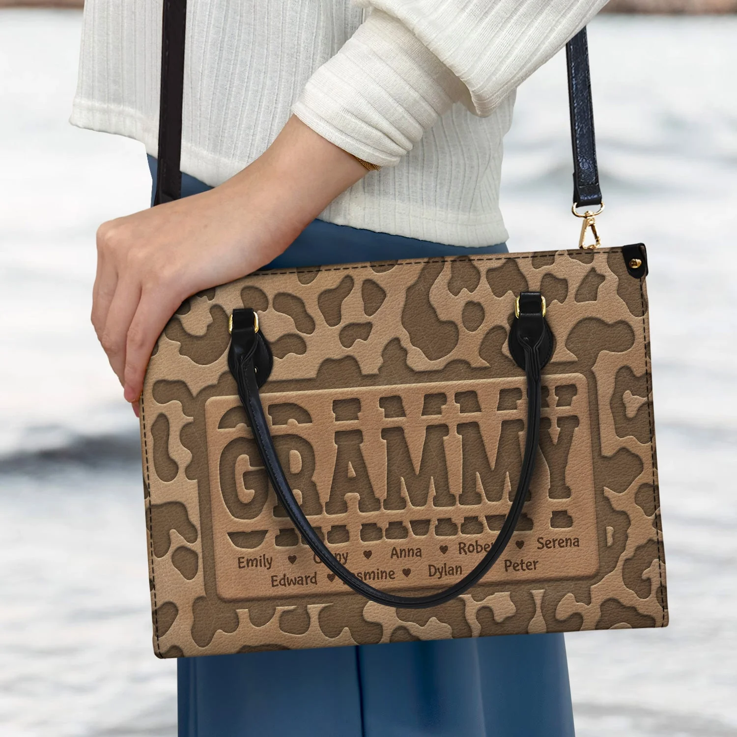 Mom Grandma Title Leopard Pattern - Birthday, Loving Gift For Grandmother, Mother, Mom - Personalized Leather Bag - Image 3