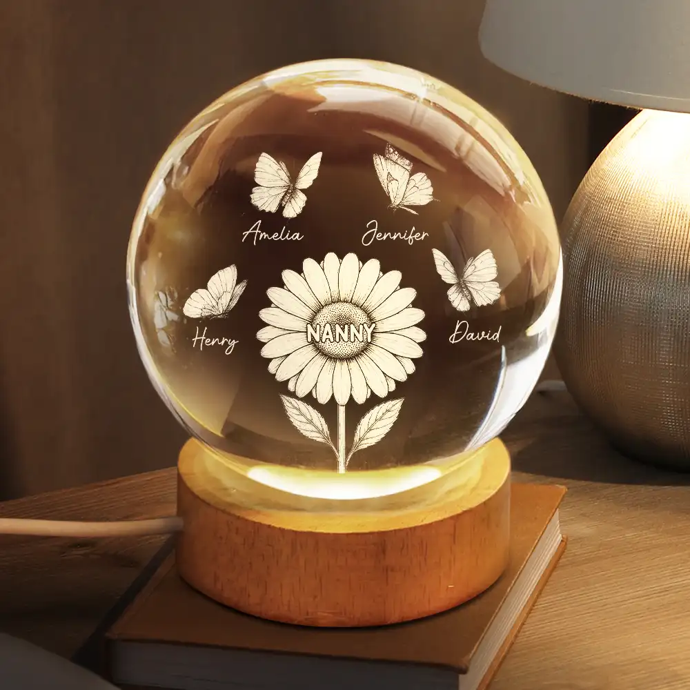 Mom Grandma's Birth Flowers And Butterflies - Personalized Crystal Globe Lamp - Image 2