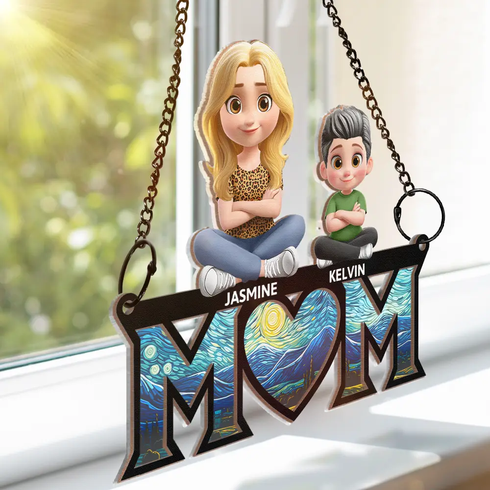 Mom & Kids We Love You 3D Version Sitting - Personalized Window Hanging Suncatcher Ornament - Image 3