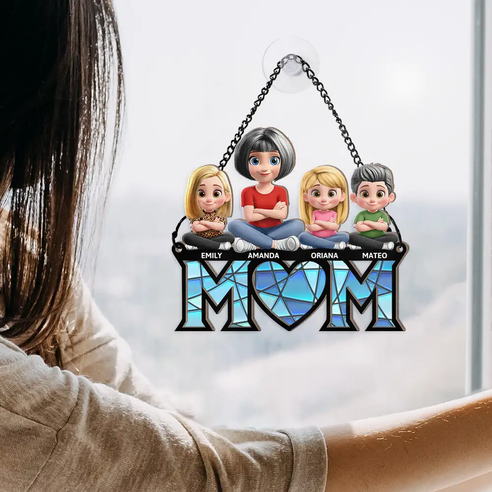 Mom & Kids We Love You 3D Version Sitting - Personalized Window Hanging Suncatcher Ornament - Image 4