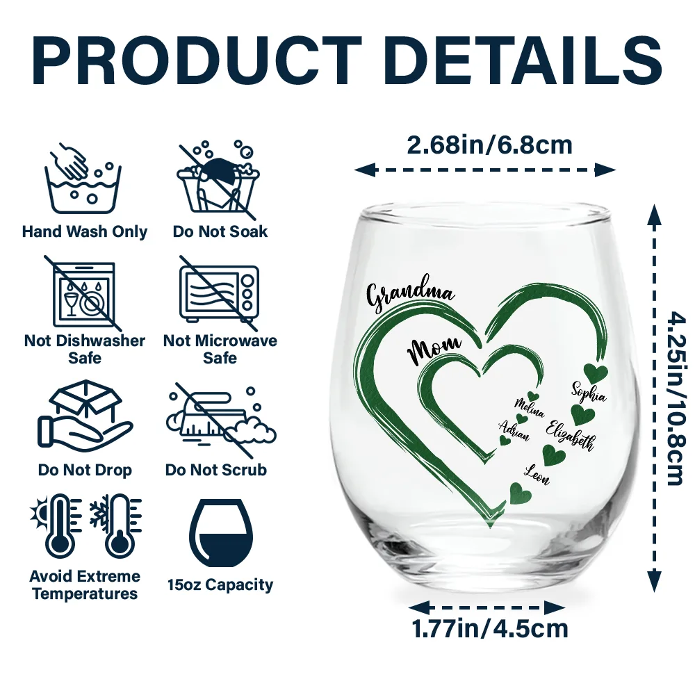 Mom Mum Grandma Sweethearts - Personalized Stemless Wine Glass - Image 5