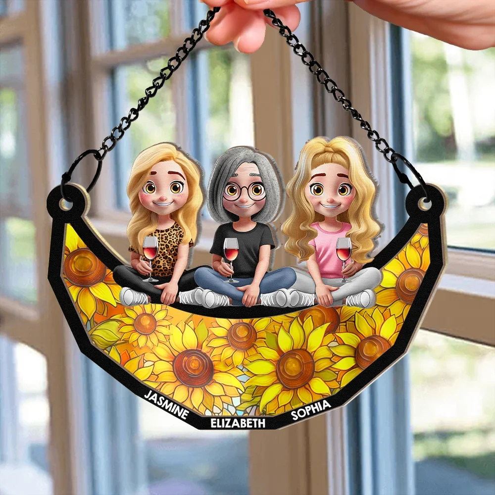 Mom Nana Sitting With Children On The Moon - Personalized Window Hanging Suncatcher Ornament - Image 2