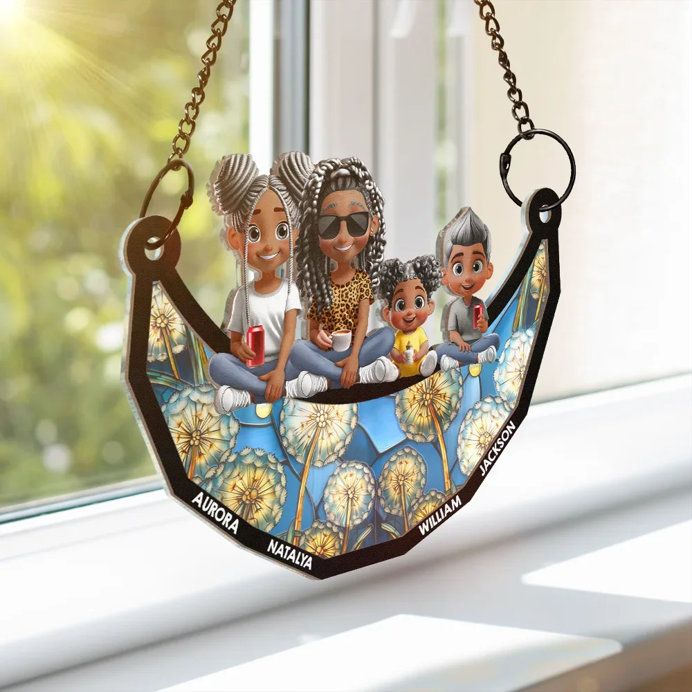 Mom Nana Sitting With Children On The Moon - Personalized Window Hanging Suncatcher Ornament - Image 3