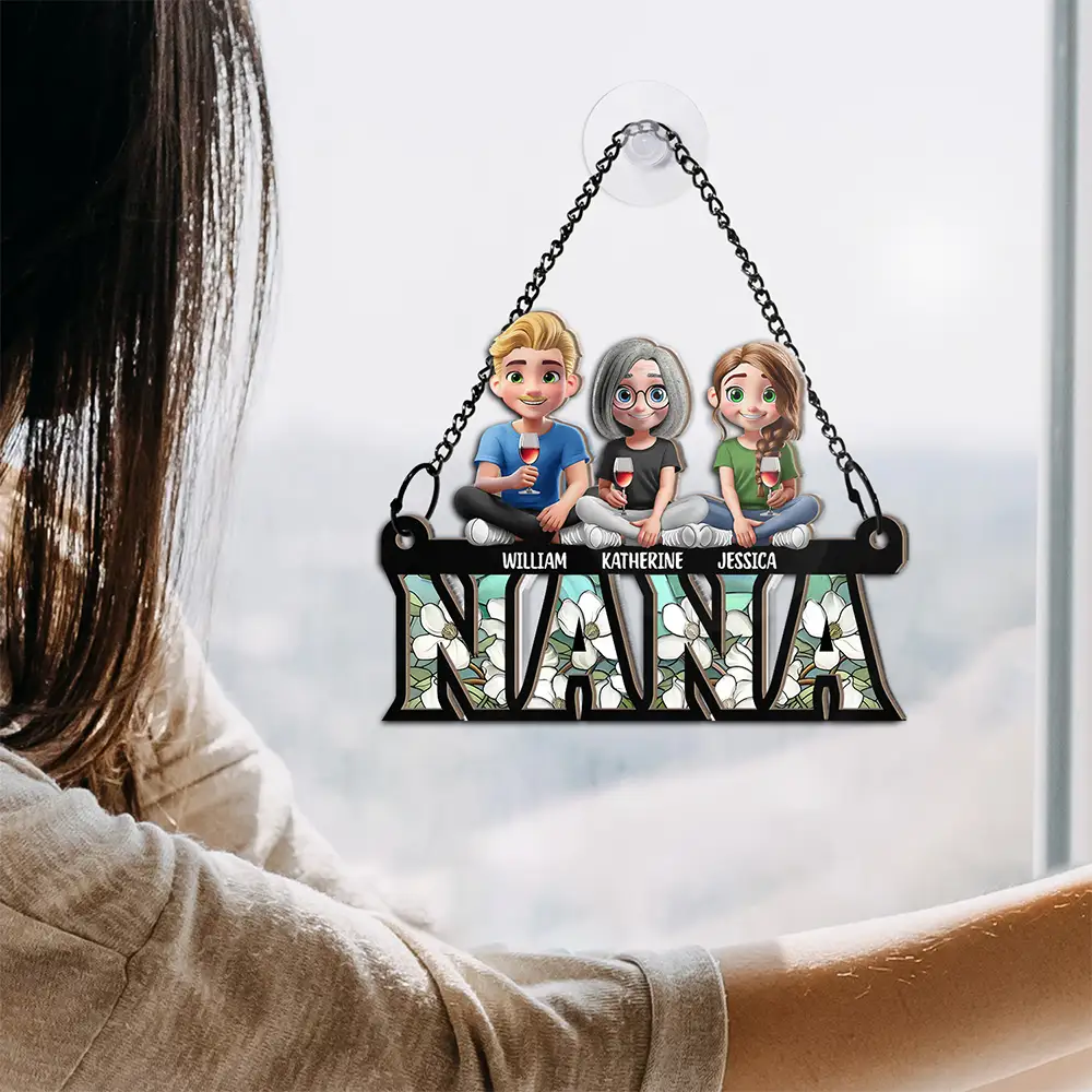 Mom Nana Sitting With Children - Personalized Window Hanging Suncatcher Ornament - Image 4