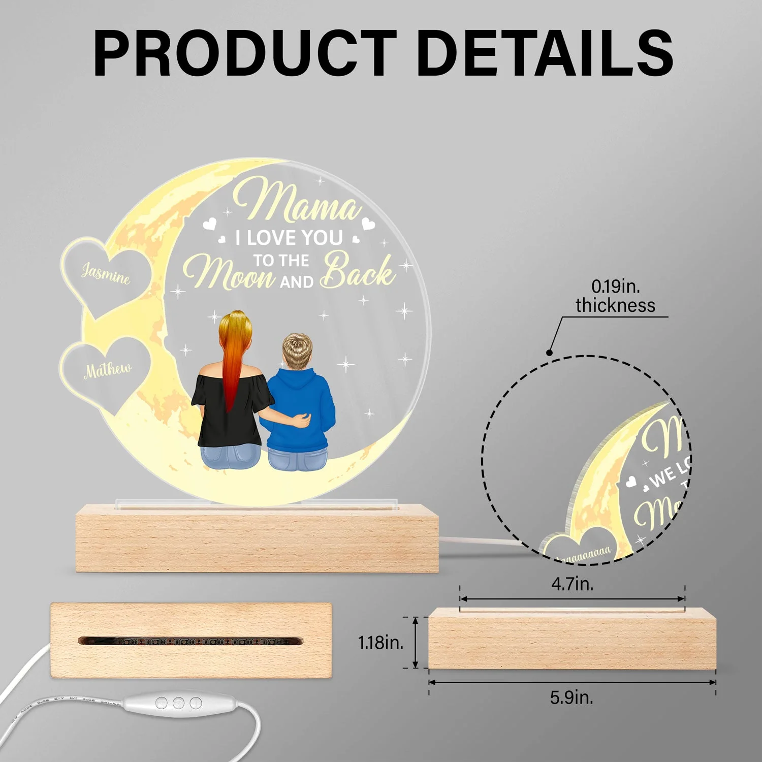 Mom We Love You To The Moon And Back - Birthday, Loving Gift For Mother, Mum - Personalized 3D Led Light Wooden Base - Image 5