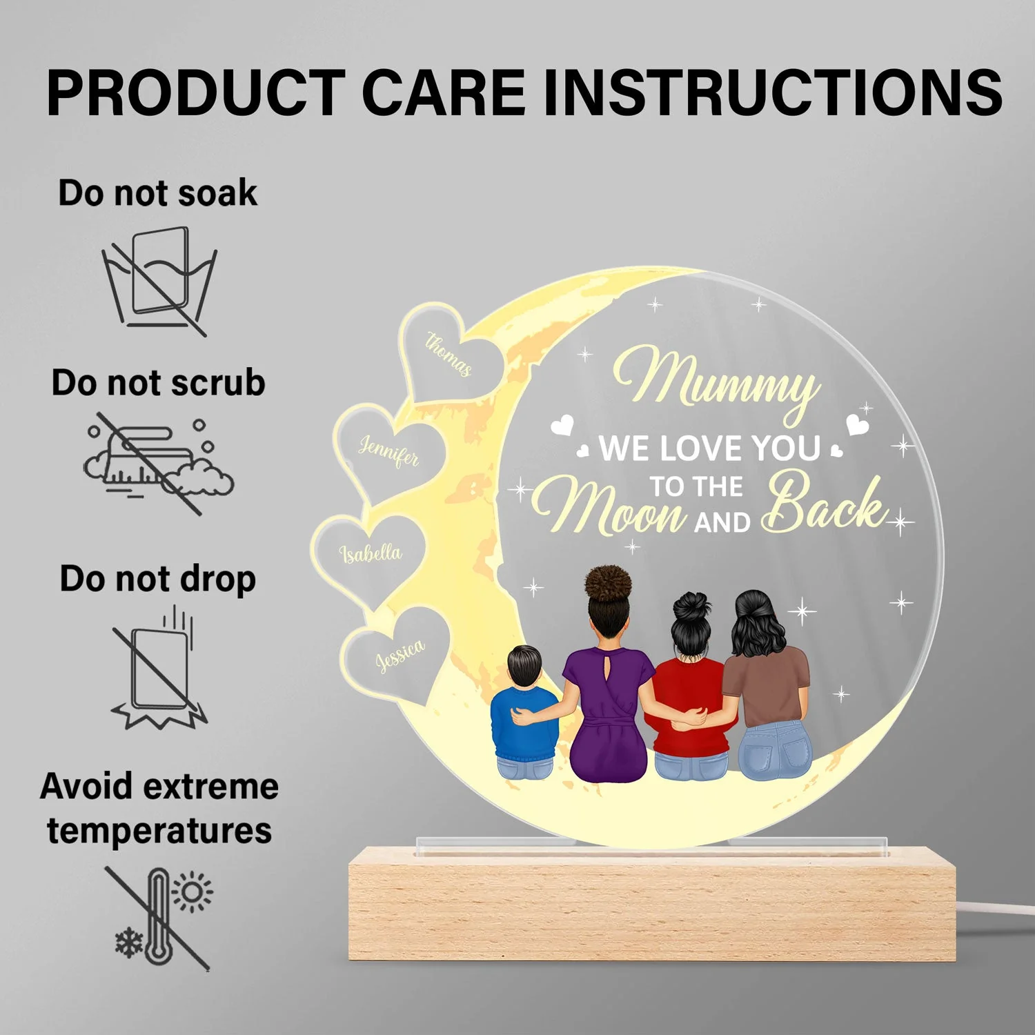 Mom We Love You To The Moon And Back - Birthday, Loving Gift For Mother, Mum - Personalized 3D Led Light Wooden Base - Image 6