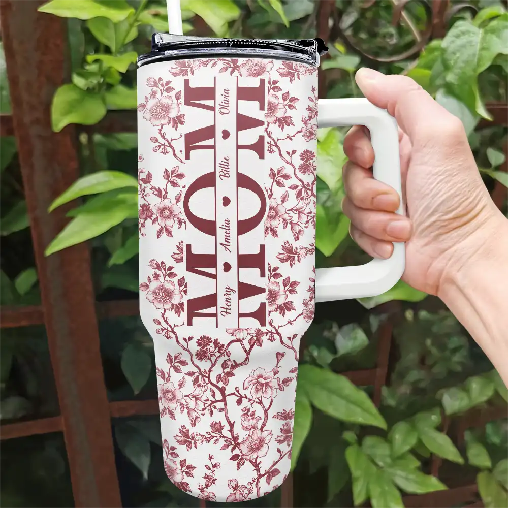 Mom We Love You Toile De Jouy Pattern - Personalized 40oz Tumbler With Straw - Image 2
