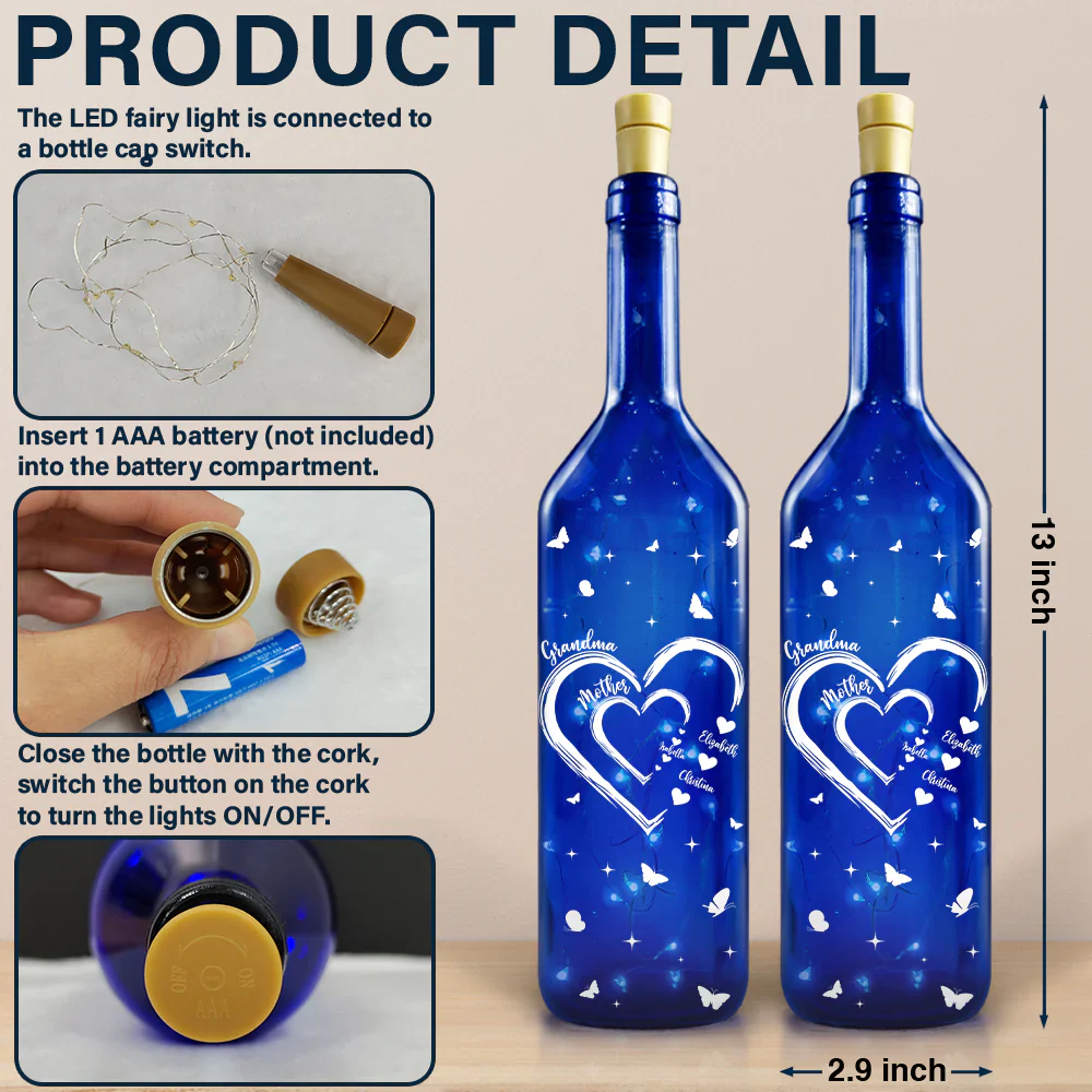 Mom's Grandma's Sweethearts - Personalized Blue Bottle Light - Image 4