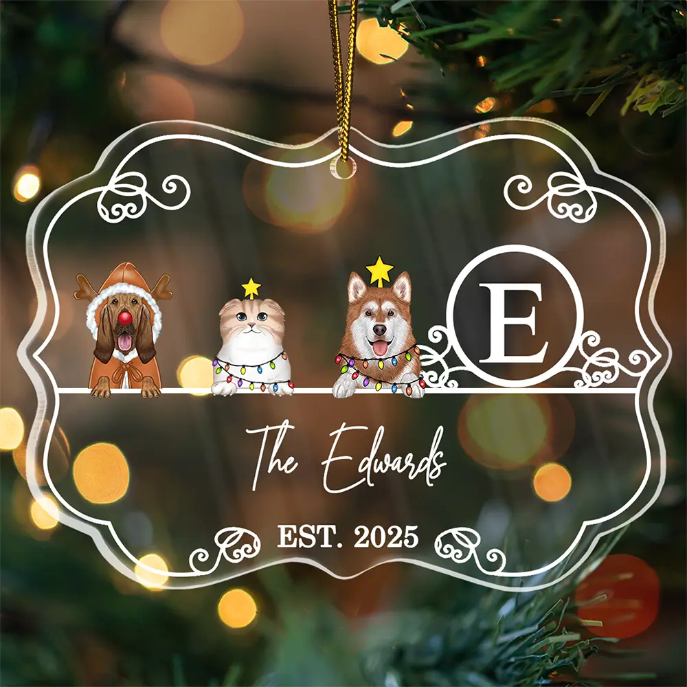 Monogram Family Name Dog Cat Pet Christmas - Personalized Medallion Acrylic Ornament - Image 3