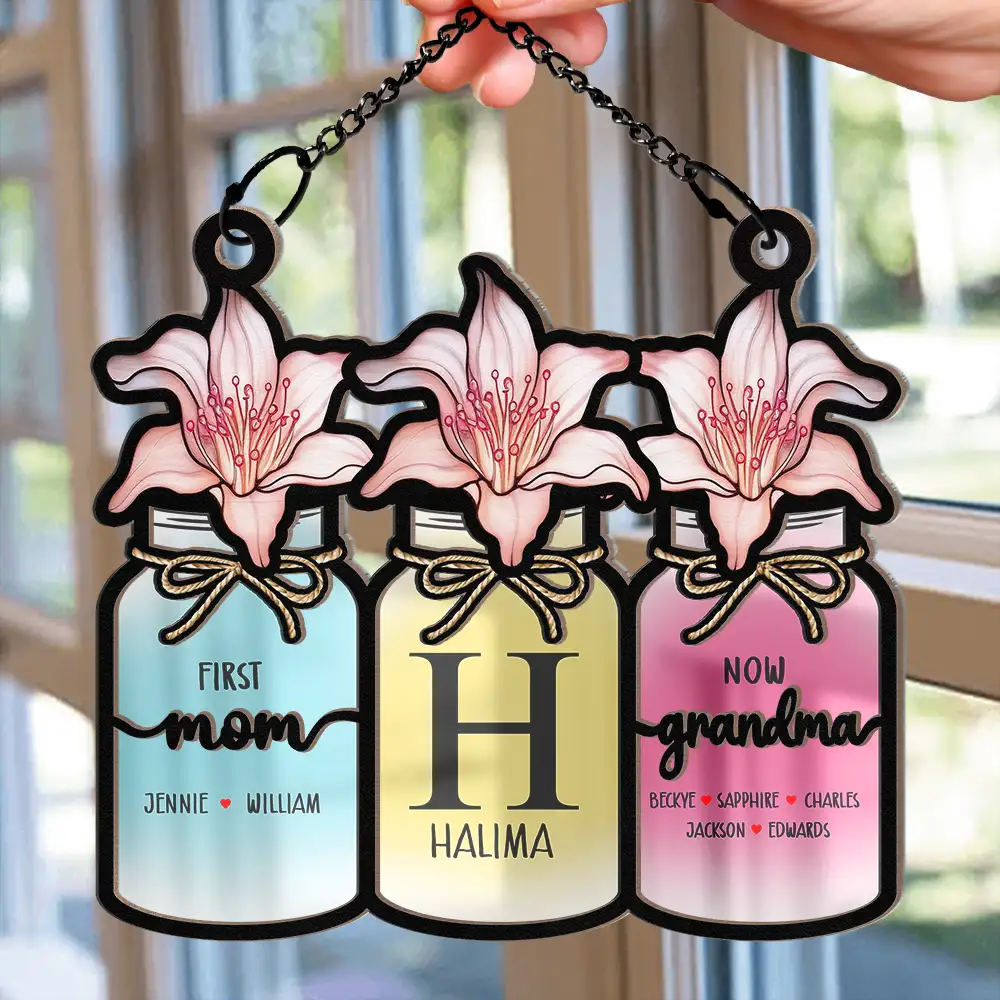 Monogram Flower Jar First Mom Now Grandma - Personalized Window Hanging Suncatcher Ornament - Image 2
