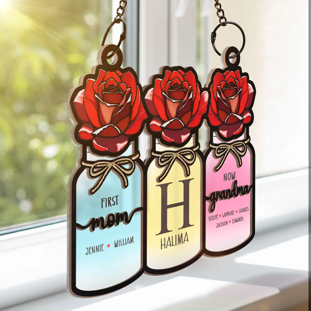 Monogram Flower Jar First Mom Now Grandma - Personalized Window Hanging Suncatcher Ornament - Image 3