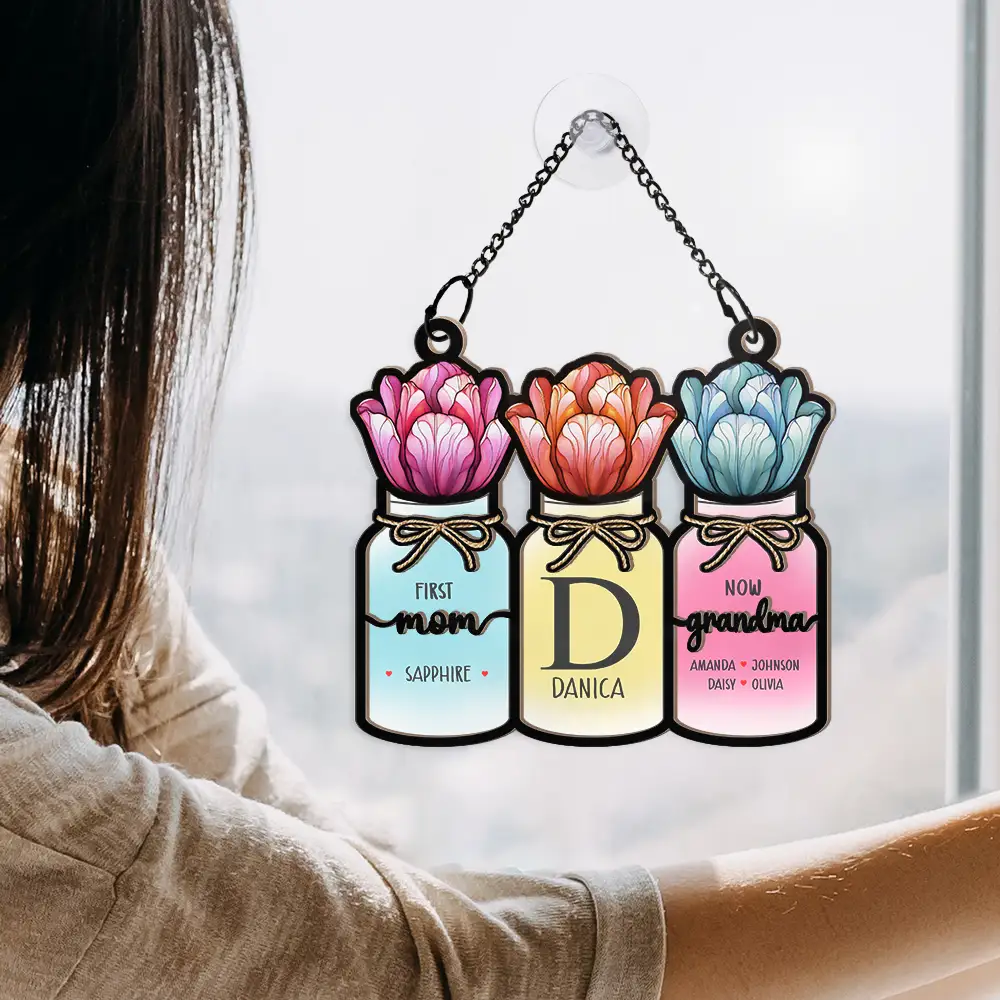 Monogram Flower Jar First Mom Now Grandma - Personalized Window Hanging Suncatcher Ornament - Image 4