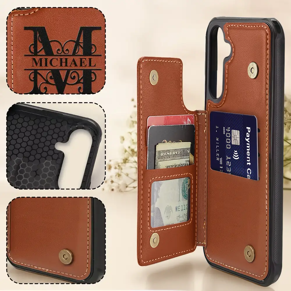Monogram Initial - Personalized Leather Flip Wallet Phone Case - Image 4