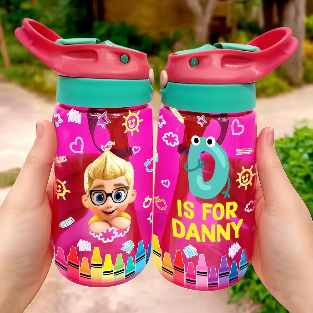 Monogram School Kid - Personalized Kids Water Bottle With Straw - Image 2