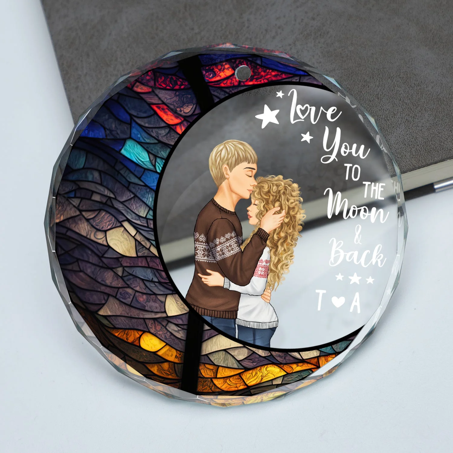 Moon & Back - Christmas Gift For Couples - Personalized Circle Glass Ornament - Image 2