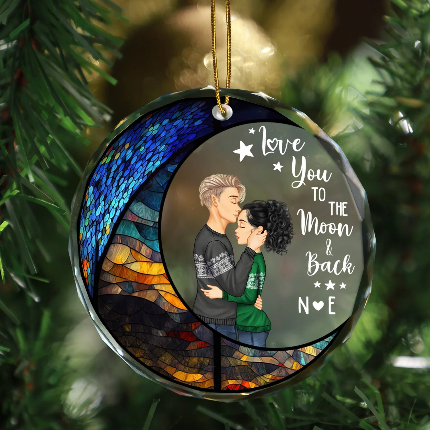 Moon & Back - Christmas Gift For Couples - Personalized Circle Glass Ornament - Image 3