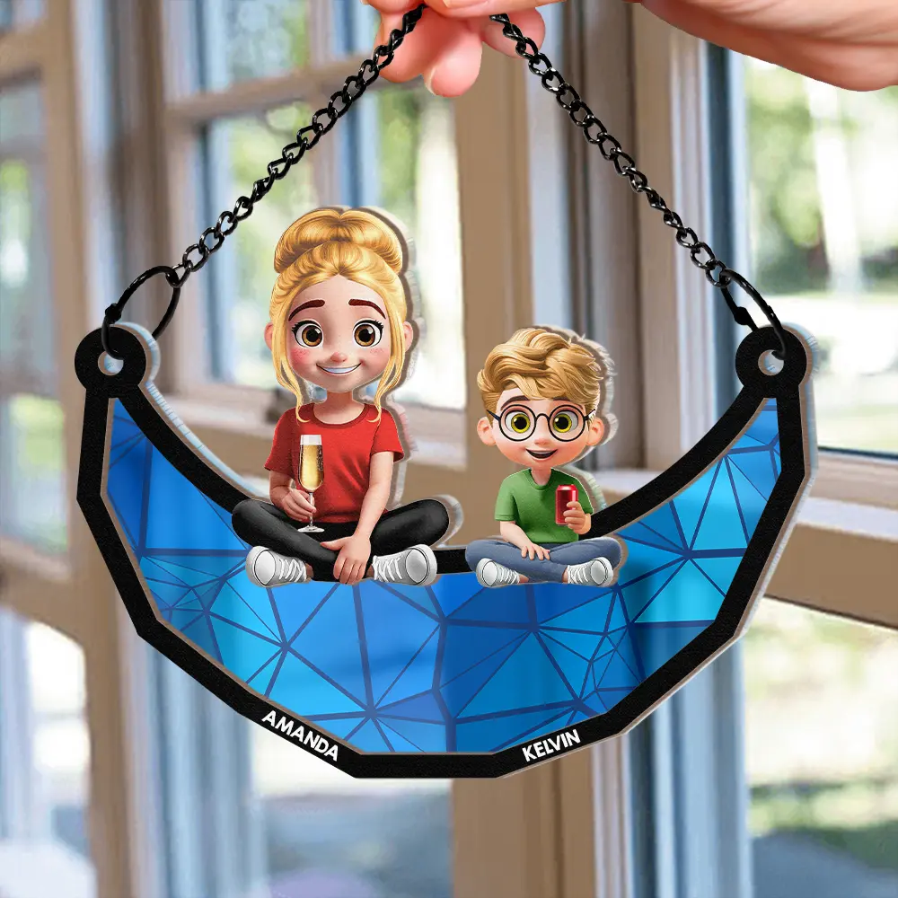 Moon Mother Daughter Son We Love You Mom 3D Cartoon - Personalized Window Hanging Suncatcher Ornament - Image 2