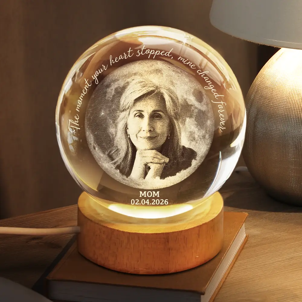 Moon Phase Custom Photo Pencil Sketch Memorial The Moment Your Heart Stopped - Personalized Crystal Globe Lamp - Image 3