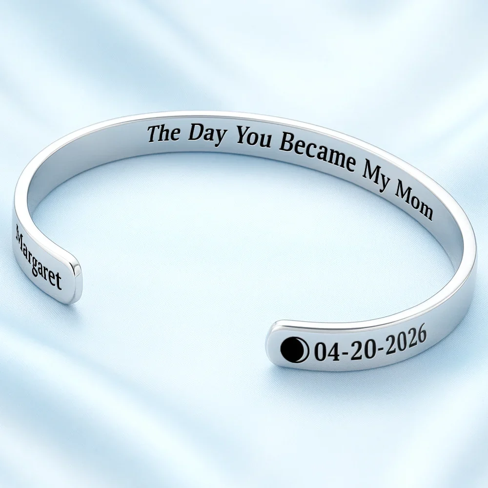 Moon Phase Icon The Day You Became My Dad Mom - Personalized Bangle Bracelet Cuff - Image 2