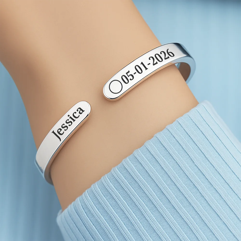 Moon Phase Icon The Day You Became My Dad Mom - Personalized Bangle Bracelet Cuff - Image 4